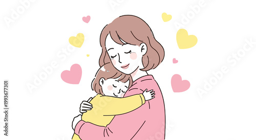 Tender moment of maternal love as a mother embraces her sleeping child, surrounded by hearts, symbolizing deep affection
