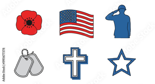 Iconic patriotic symbols Poppy, Flag, Soldier, Dog Tags, Cross, and Star