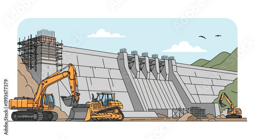 Heavy construction machinery working on a large concrete dam project in a valley isolated on white background