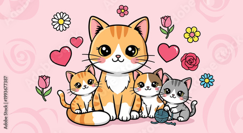 Cute Cartoon Cat Family with Flowers and Hearts - Adorable Kittens and Mother