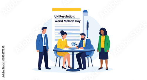 Professional business team signing a UN resolution document for World Malaria Day awareness isolated on white background