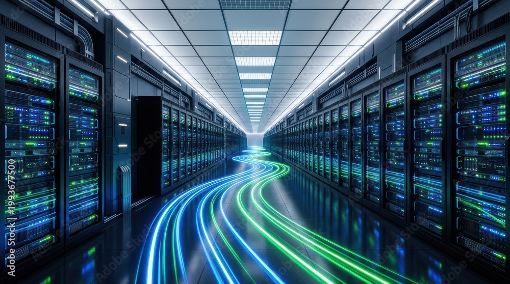 Fototapeta premium A futuristic server room with blue and green neon lights on the floor and rows of computer servers on either side in a data center