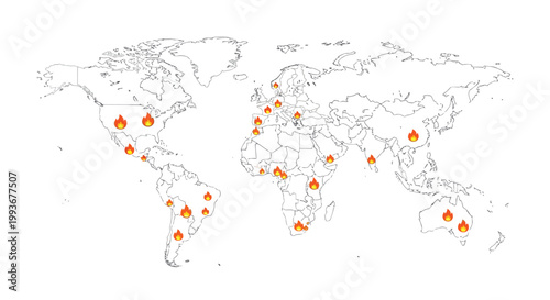 Global map showing fire incidents and wildfire hotspots across various continents on Earth isolated on white background