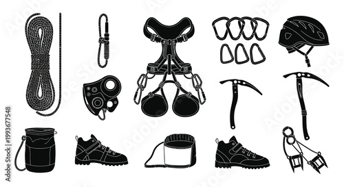 A collection of climbing equipment including ropes harnesses and protective gear depicted in black silhouette high quality professional detailed modern elegant