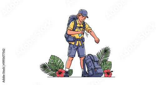 Hiker applying insect repellent spray while trekking through dense tropical jungle forest isolated on white background