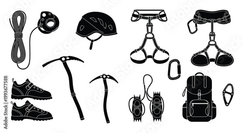 A collection of black climbing gear including ropes helmets and shoes presented in a stark silhouette high quality professional detailed modern