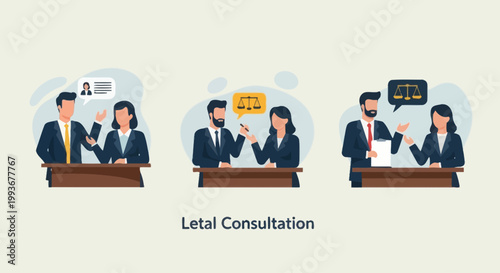 Legal Consultation: Lawyers Discussing Cases with Clients, Justice Symbol