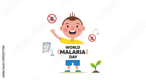 Happy child character holding sign for world malaria day awareness event isolated on white background