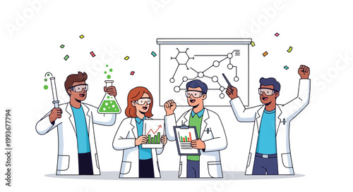 Team of scientists working together in a laboratory setting for medical research isolated on white background