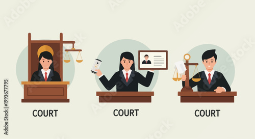 Lawyer and Judge in Courtroom Scenes, Justice and Legal System Illustration