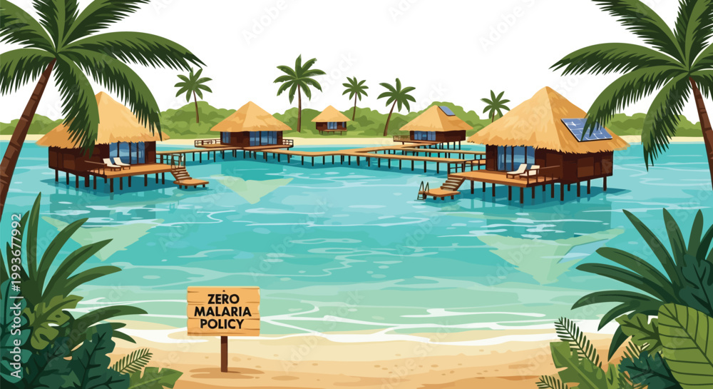Fototapeta premium Tropical resort beach with zero malaria policy wooden sign in serene coastal landscape setting isolated on white background