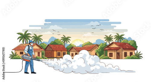 Worker spraying insecticide for malaria prevention in rural tropical village during sunset light isolated on white background