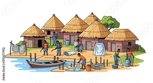 Local community workers spraying insecticide in African village for malaria control isolated on white background