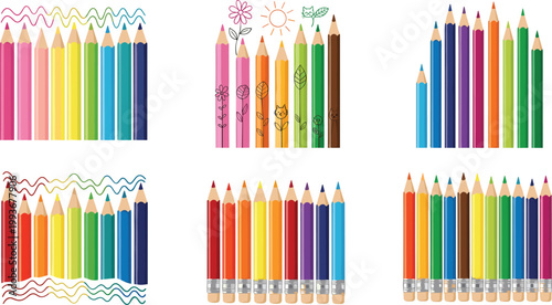 Vector illustration of colorful pencils with different shades, including pencil sets, drawings, and vibrant colors for art and creativity themes