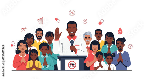 Community leader speaking at podium about malaria eradication with diverse group of people isolated on white background