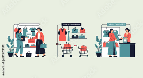 Women Shopping For Clothes In A Boutique Store, Choosing Apparel And Paying At Checkout