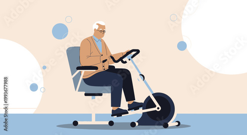 Elderly Man Exercising on Stationary Bike, Promoting Health and Active Senior Lifestyle