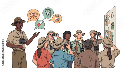 Public health educator explaining malaria prevention methods to group of volunteers in rural area isolated on white background