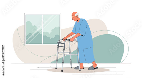 Elderly Man Using Walker for Mobility Assistance in Home Setting