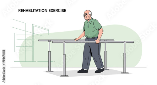 Elderly Man Walking with Parallel Bars for Rehabilitation Exercise