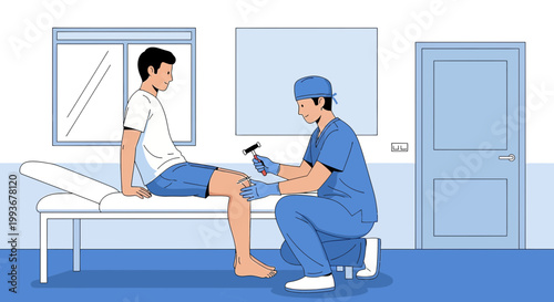Doctor examines patient's knee reflex with reflex hammer in medical examination room