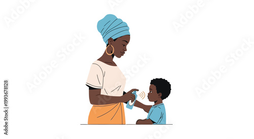 Mother applying mosquito repellent spray on arm of young child to protect from insect bites isolated on white background