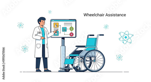 Doctor Explains Wheelchair Technology on Screen, Futuristic Medical Assistance Concept