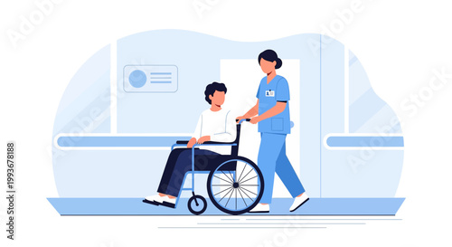 Nurse pushing patient in wheelchair down hospital corridor, healthcare assistance concept