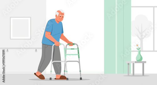Elderly man with walker in rehabilitation center, recovering from illness or injury