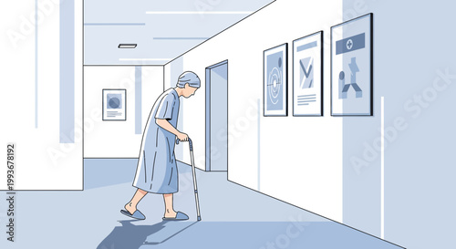 Elderly patient with walker in hospital corridor, looking at medical posters