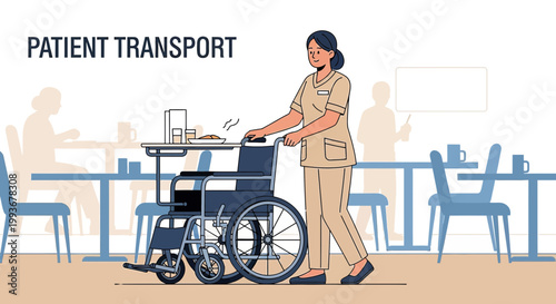 Nurse pushing patient in wheelchair for transport in hospital cafeteria