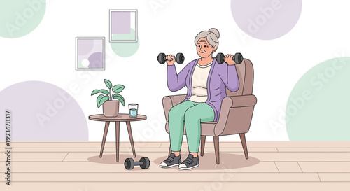 Elderly Woman Exercising with Dumbbells at Home