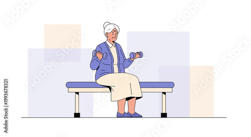 Elderly Woman Exercising with Dumbbells on Bench, Senior Fitness, Healthy Lifestyle