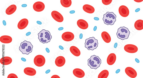 Red blood cells and white blood cells floating in microscopic view medical vector illustration isolated on white background