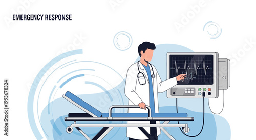 Doctor Monitoring Patient Vitals on ECG Machine Next to Stretcher, Emergency Response Concept