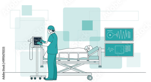 Doctor Monitoring Patient on Ventilator in ICU with Vital Signs Display