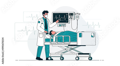 Doctor Monitors Patient in ICU Bed with Vital Signs Display and ECG
