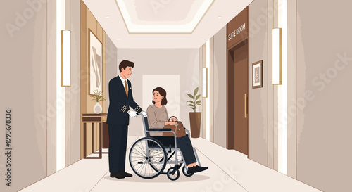 Elderly woman in wheelchair assisted by caregiver in hotel corridor