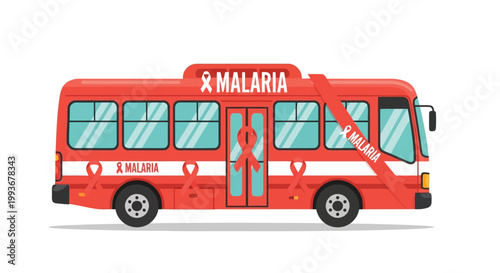 Red bus with awareness ribbons promoting malaria disease prevention campaign graphic illustration isolated on white background