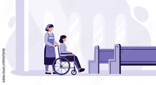 Nurse pushing patient in wheelchair in hospital corridor, accessibility, care, medical assistance