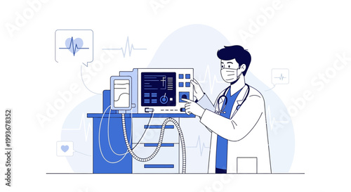 Doctor Operating Ventilator Machine with Heartbeat Monitor