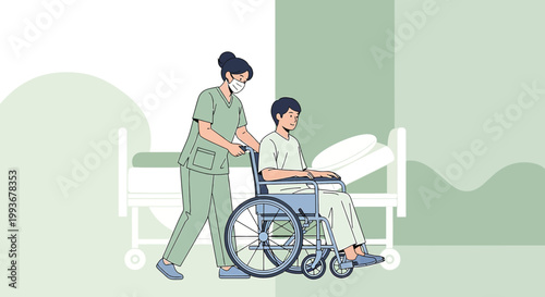 Nurse pushing patient in wheelchair in hospital room, rehabilitation concept