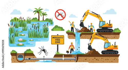 Mosquito free zone environmental construction project landscape vector infographic illustration isolated on white background
