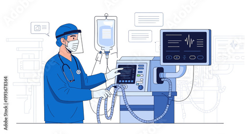 Doctor Operating Ventilator Machine with IV Drip and Monitor in Hospital Room