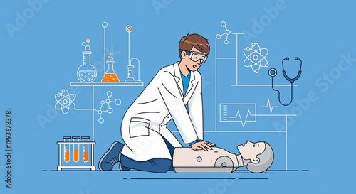 Doctor performing CPR on a dummy with science icons and medical equipment