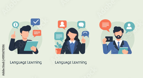 Diverse people learning languages online with digital devices and speech bubbles