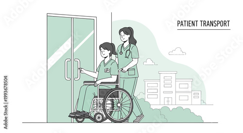 Nurse Pushing Patient in Wheelchair Out of Hospital Building