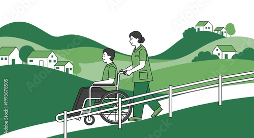 Nurse pushing patient in wheelchair on scenic path with houses and hills