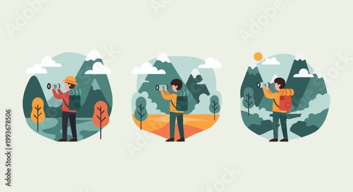 Hikers with Backpacks Explore Mountains with Binoculars, Vector Illustration