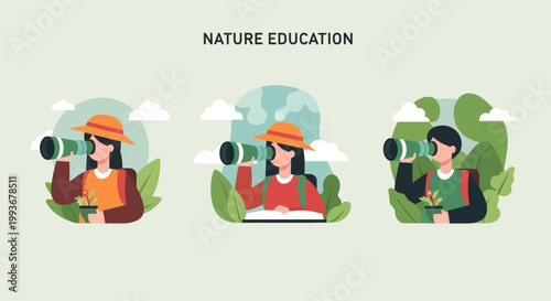 Nature Education: People observing wildlife with binoculars, learning about plants.